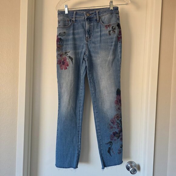 Chico' So Slimming Girlfriend Slim Leg Ankle Blue Denim Floral Print 00R - 2R - Picture 1 of 10